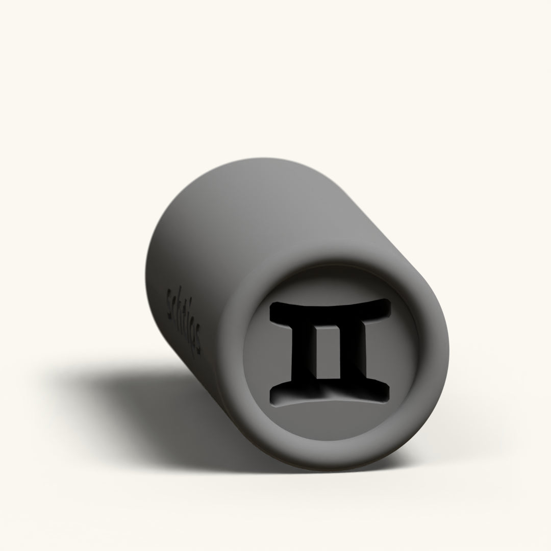 Gemini custom joint filter tip, reusable 12mm charcoal rolling tip with the Gemini zodiac symbol in the face
