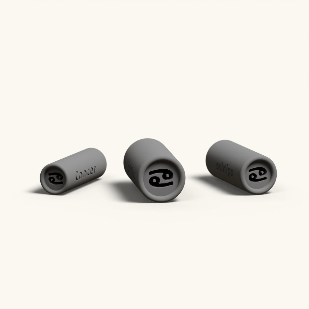 The three sizes of the Cancer design, 8mm, 10mm, and 12mm, lined up on a cream background