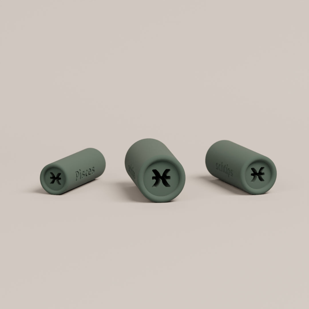 Reusable filter tips with the Pisces design shown in 8mm, 10mm, and 12mm sizes for different rolling preferences
